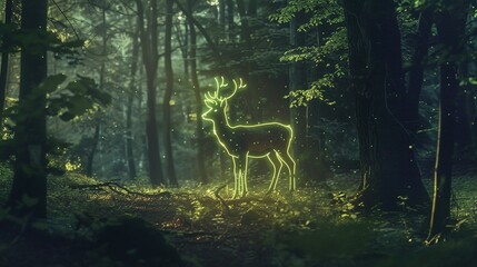 Natural photograph of a dense forest, focal point is a green neon glowing deer outline, green and brown color palette