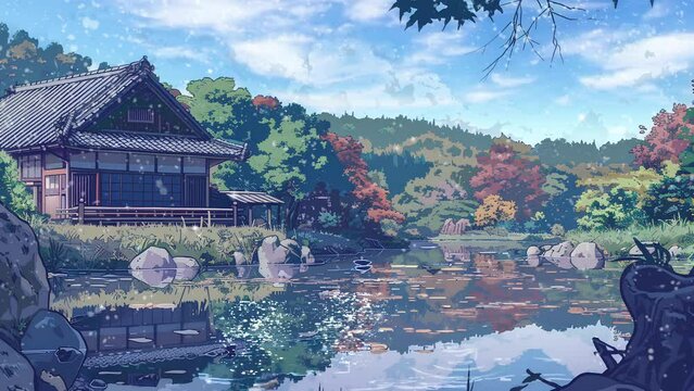 traditional Japanese house by the river in anime cartoon style