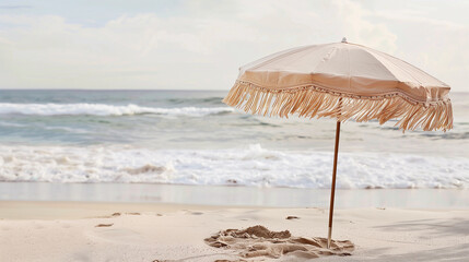 Retro fringe bone beach umbrella parasol on sand beach with windy sea waves cloud sky in earthy natural color vacation relaxation seaside coast resort ocean vibes eco summer holiday tropical campaign