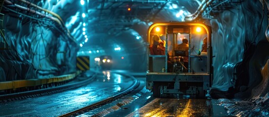 Workers Transported through Darkened Underground Tunnel in Automated Shuttle Car