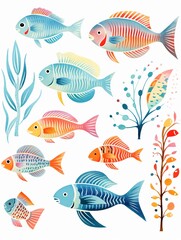 Naklejka premium Bold watercolor fish set, cerulean stripes, azure scales, coral segments, whimsical fins , high resolution