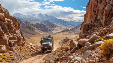 Articulated Truck Traversing Rugged Mountainous Desert Terrain on Challenging Off Road Trail