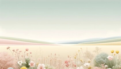 Tranquil stylized illustration of a spring landscape, featuring blooming trees and gentle hills under a serene sky.
