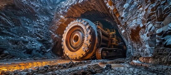 Massive Roadheader Carving Through Rock and Soil in an Expansive Underground Construction Site