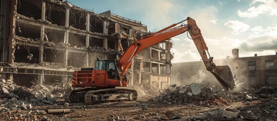 Massive Dragline Excavator Scoops Up Debris from Demolished Building in Urban Landscape - obrazy, fototapety, plakaty