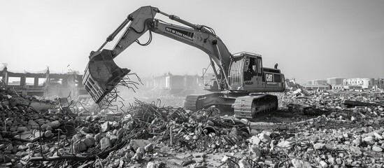 Dragline Excavator Scooping Debris from Demolished Building Site - obrazy, fototapety, plakaty