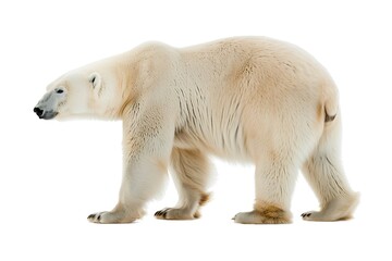 Majestic polar bear striding confidently against pristine white backdrop