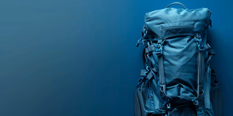 Deep blue banner highlighting a rugged backpack on the side, allowing for copy space. - obrazy, fototapety, plakaty