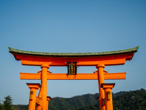 Detail of ancient japanese large orange torii gate 