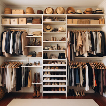 Organized closet with fashion clothes hats and shoes