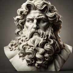 Handsome marble statue of powerful greek god Zeus over dark background, The powerful king of the gods in ancient Greek religion.	