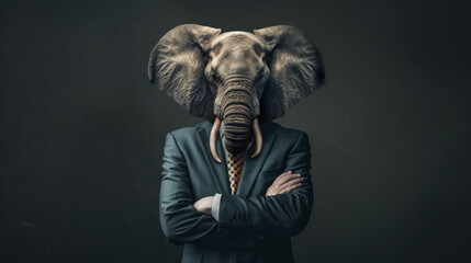 Elephant in a well-fitted suit with a striking trunk-themed tie, striking a pose that combines power and charm in a captivating anthropomorphic portrait. - obrazy, fototapety, plakaty