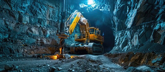 Massive Drill Borer Carving Through Remote Underground Tunnel in Rugged Mining - obrazy, fototapety, plakaty