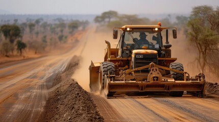 Road Grader Smoothing Dusty Terrain on Remote Rural Route - obrazy, fototapety, plakaty