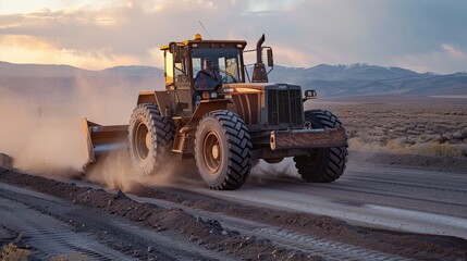 Grader Smoothing Dusty Rural Road with Powerful Blade for Ground Leveling and Terrain - obrazy, fototapety, plakaty