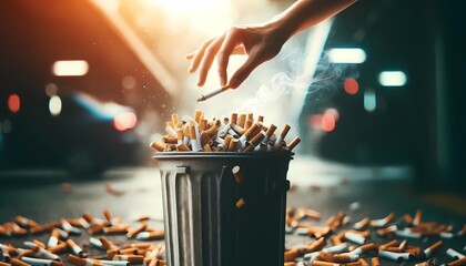 World no tobacco day concept for Stop smoking with a cigarette being dropped into a trash  - obrazy, fototapety, plakaty
