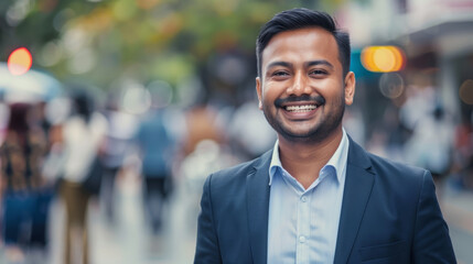 This image features a confident Asian Indian businessman in a suit, smiling as he walks through a busy city street on his way to the office, with the blurred street creating an urban vibe.