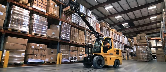 Foto auf Alu-Dibond Telehandler Mastery Efficiently Lifting Heavy Loads in a Busy Warehouse © Sittichok