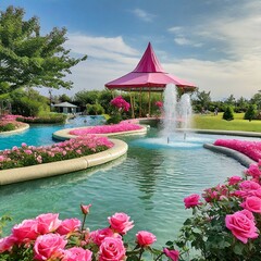  a vibrant water park scene where families splash and play, with a pink rose garden tucked away in...