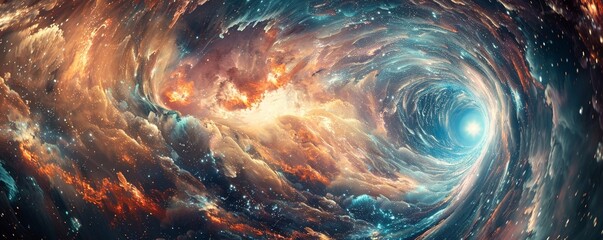 Craft a mesmerizing visual of a galaxy swirling into a surreal portal, beckoning viewers to explore the unknown, evoking a sense of wonder and adventure - obrazy, fototapety, plakaty