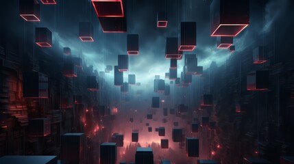 Dark, minimalist 3D squares floating over a geometric cityscape at night,