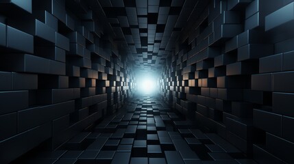 Dark, minimalist 3D squares seamlessly transforming into a geometric tunnel,