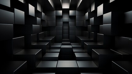 Dark, minimalist 3D squares seamlessly transforming into a geometric tunnel,