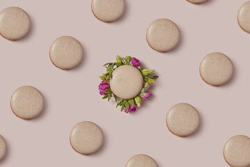 Homemade macaron filled with spring flowers among other tasty ones