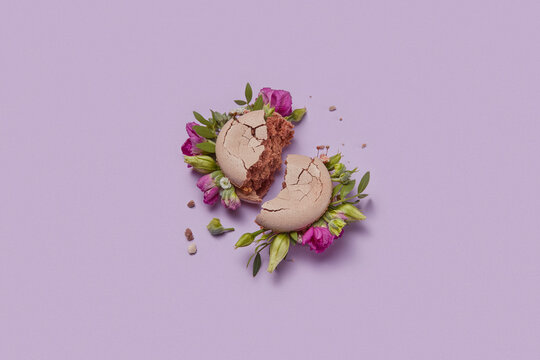 Tasty macaron broken in half decorated with fresh natural flowers