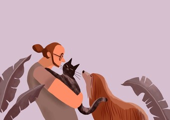 Man with cat and dog 