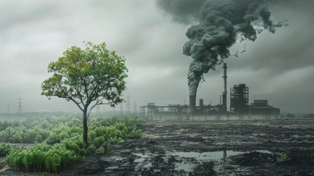 An image of a withered tree in front of a coal power plant compared to a flourishing tree displayed in front of a biofuel refinery representing the effect on local vegetation and biodiversity. .