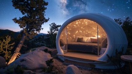 Fototapeta na wymiar Fall asleep under the starry sky in these oneofakind sleep domes thoughtfully designed to immerse you in nature while still providing modern amenities. 2d flat cartoon.