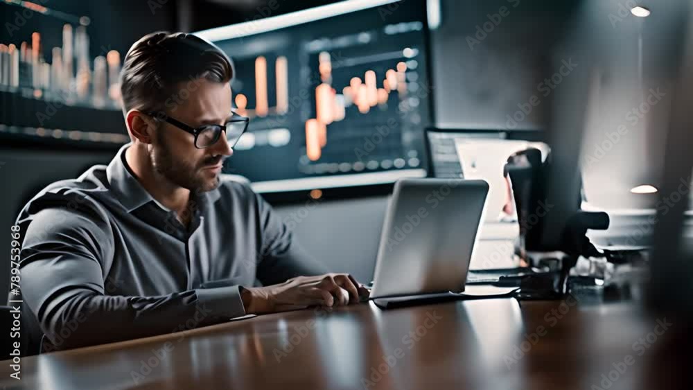 Poster man working on laptop computer generative ai
