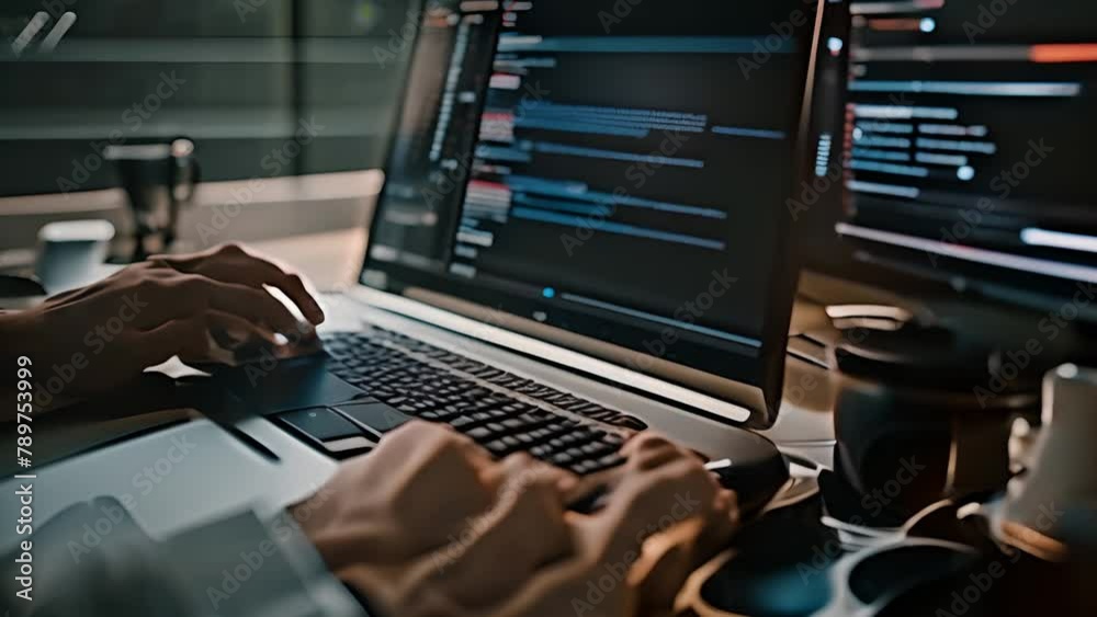 Poster man working on laptop computer generative ai