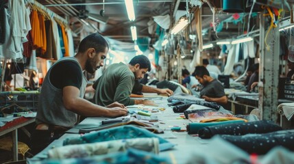 The workshop is a bustling hub of creativity and hard work as a team of tailors work side by side their hands deftly maneuvering through piles of buttons zippers and threads. . - obrazy, fototapety, plakaty