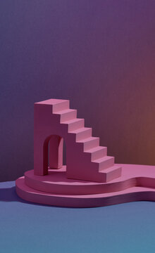 Front view of the pink podium and stairway