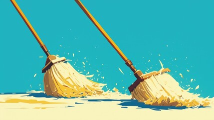 Illustrations of a cartoon broom and dustpan in action sweeping tidying and cleaning are depicted in 2d form - obrazy, fototapety, plakaty