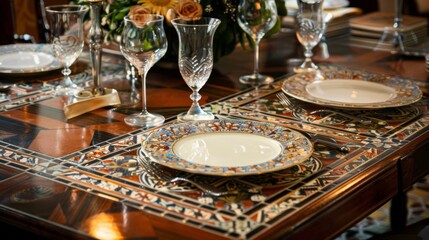 The dining room is a showcase of timeless beauty with a tabletop adorned with vintage tiles. The intricate patterns on each tile create a stunning mosaic making every meal feel like .