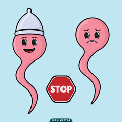 vector premium cute cartoon mascot stop hiv and aids by using condoms on a blue background easy to reuse for additional design needs, logo mascot badge banner