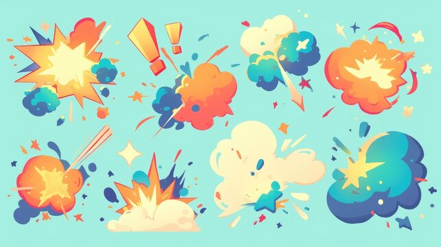 Explore a delightful array of timeless 2D cartoon special effects This collection boasts 10 charming elements including question and exclamation marks flashes spans smoke blows multicolored