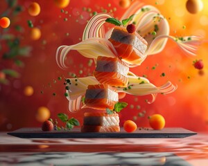 Evoke anticipation and curiosity with a dynamic tilted angle portrayal of what food might look like in the future Use imaginative elements, abstract designs, 