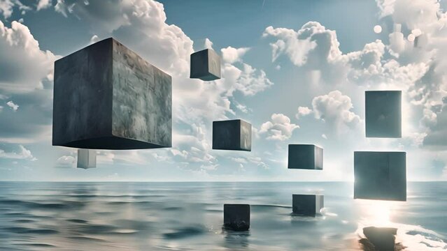 Surreal Cubes Floating Above Ocean Scene with Ai generated.
