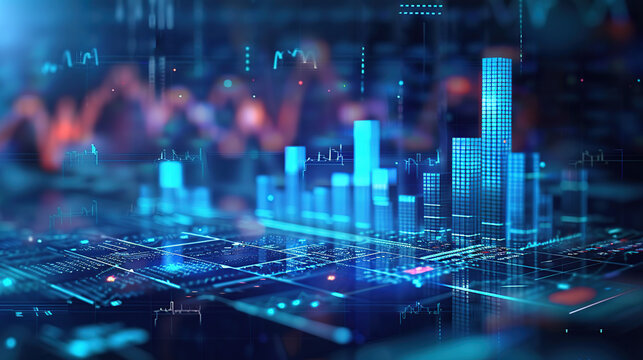 Perspective view of stock market growth, business investing and data concept with digital financial chart graphs, diagrams and indicators on dark blue blurry background - Powered by Adobe