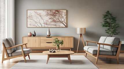 Fototapeta premium Gray sofa and armchair near wooden coffee table in cozy apartment. Interior design of modern scandinavian living room. Generative AI