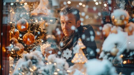 With a look of concentration a store manager stands inside the window display arranging holidaythemed decorations and products against a snowy backdrop. .