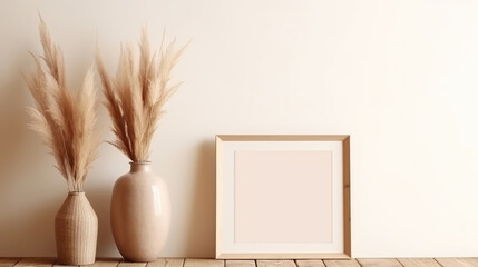 Wooden frames and wicker vases with pampas grass on wooden floor near beige wall. Boho interior design with home decor. Generative AI