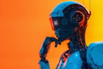 An "AI" robot stands against an orange backdrop, symbolizing artificial intelligence, technological progress, and the future of technology.






