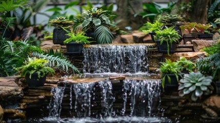 Fototapeta na wymiar Closeup of a mesmerizing cascading waterfall feature surrounded by potted succulents and ferns adding a tranquil and natural touch to the urban space. .