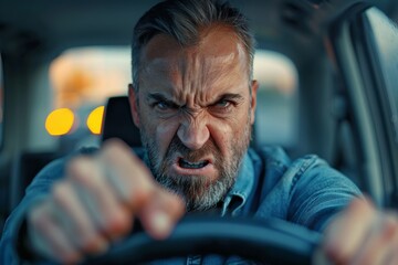 A portrait of an angry man behind the wheel showing his fist. Aggressive driving, situations on the road, accident