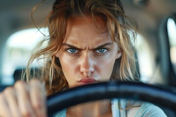 Portrait of an aggressive woman behind the wheel shouting at the car in front. Aggressive driving, accident on the road